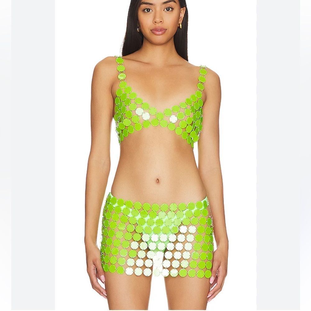 H:ours Diana Mini Skirt plastic disc neon green white mod acrylic sheer Revolve